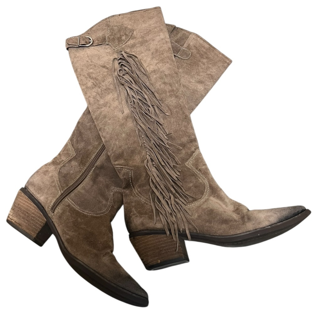 Carlos Santana Ringo taupe suede fringe knee high western distressed boots - Picture 3 of 11